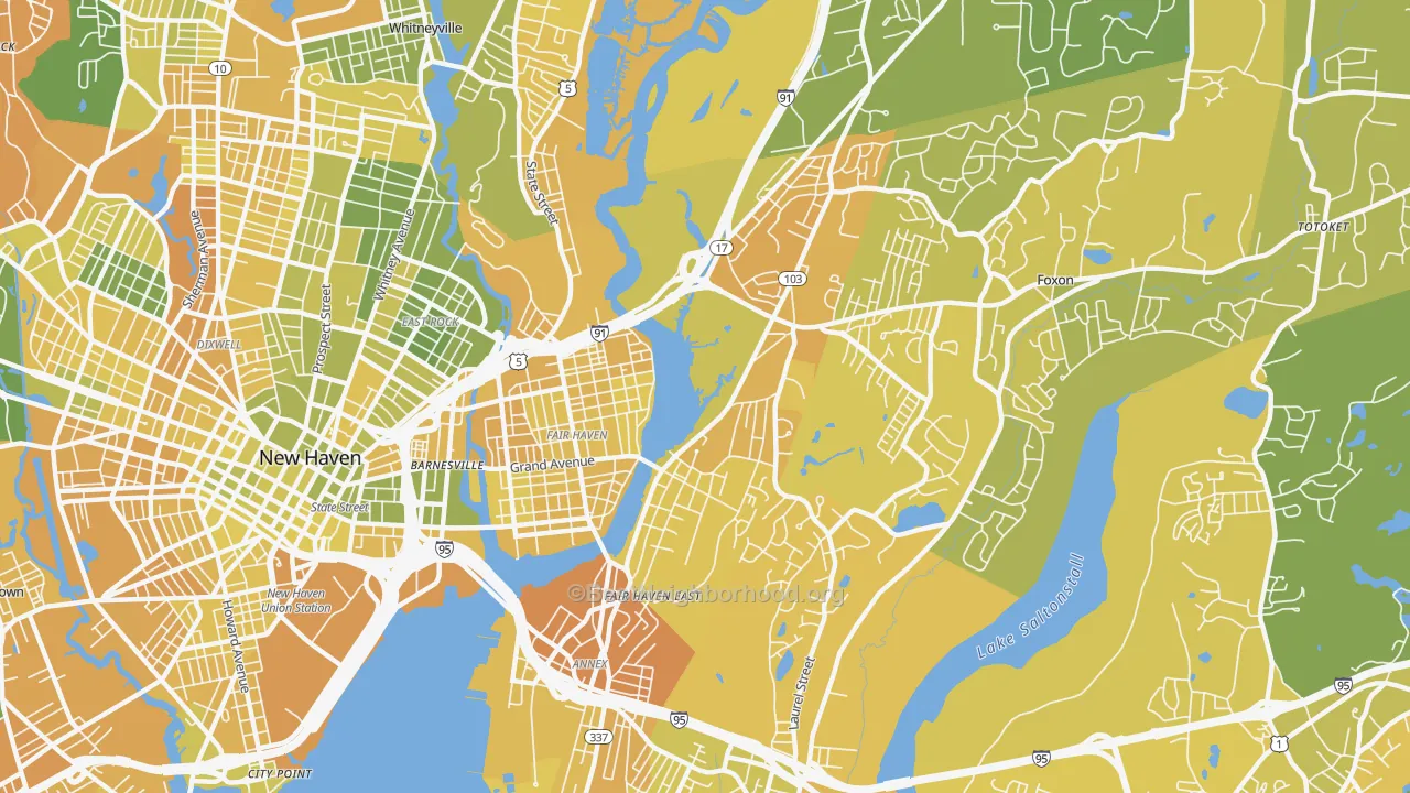 Map of the best neighborhoods in the 06513 area, with better matches in green and worse matches in red