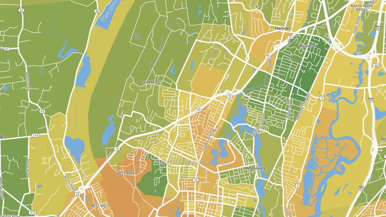 Map of the best neighborhoods in the 06514 area, with better matches in green and worse matches in red