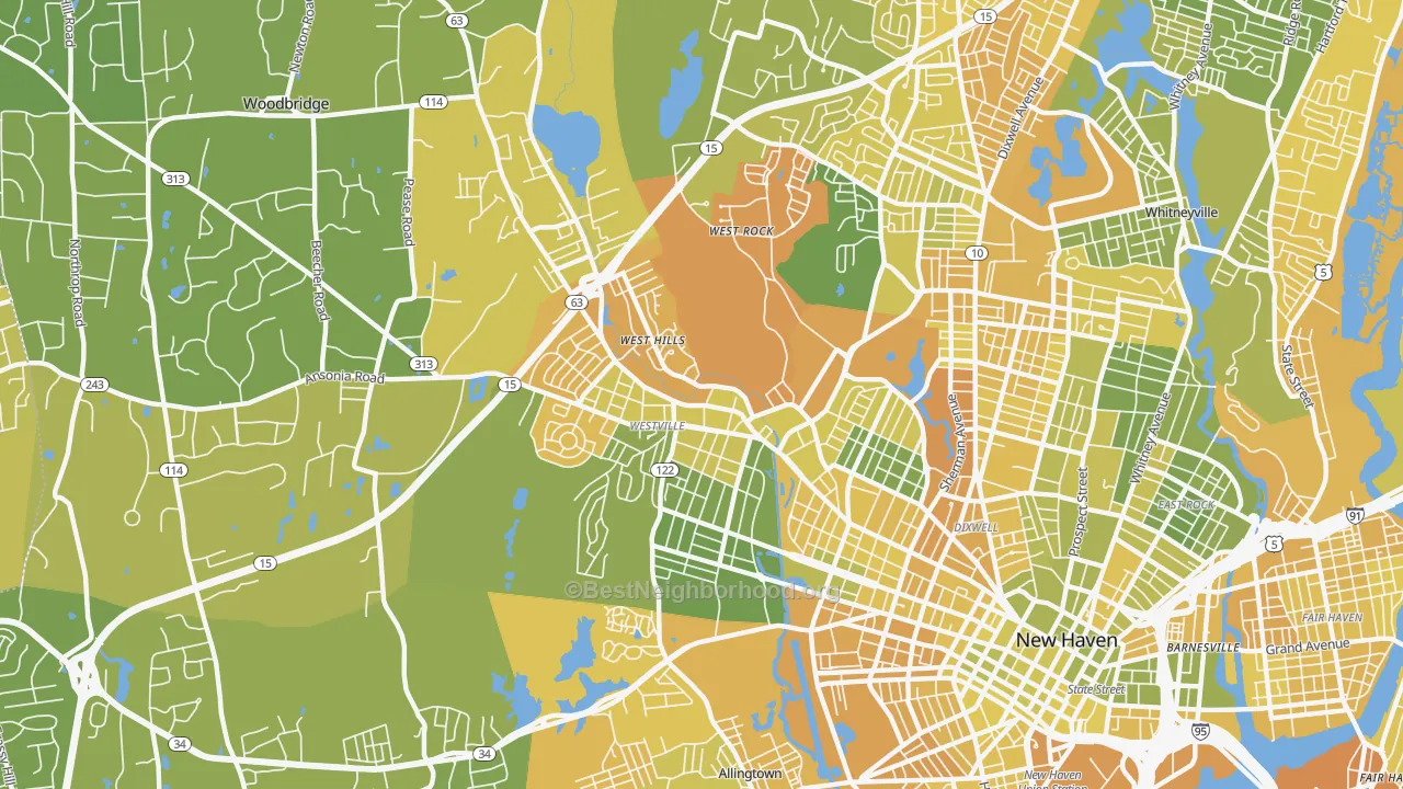 Map of the best neighborhoods in the 06515 area, with better matches in green and worse matches in red
