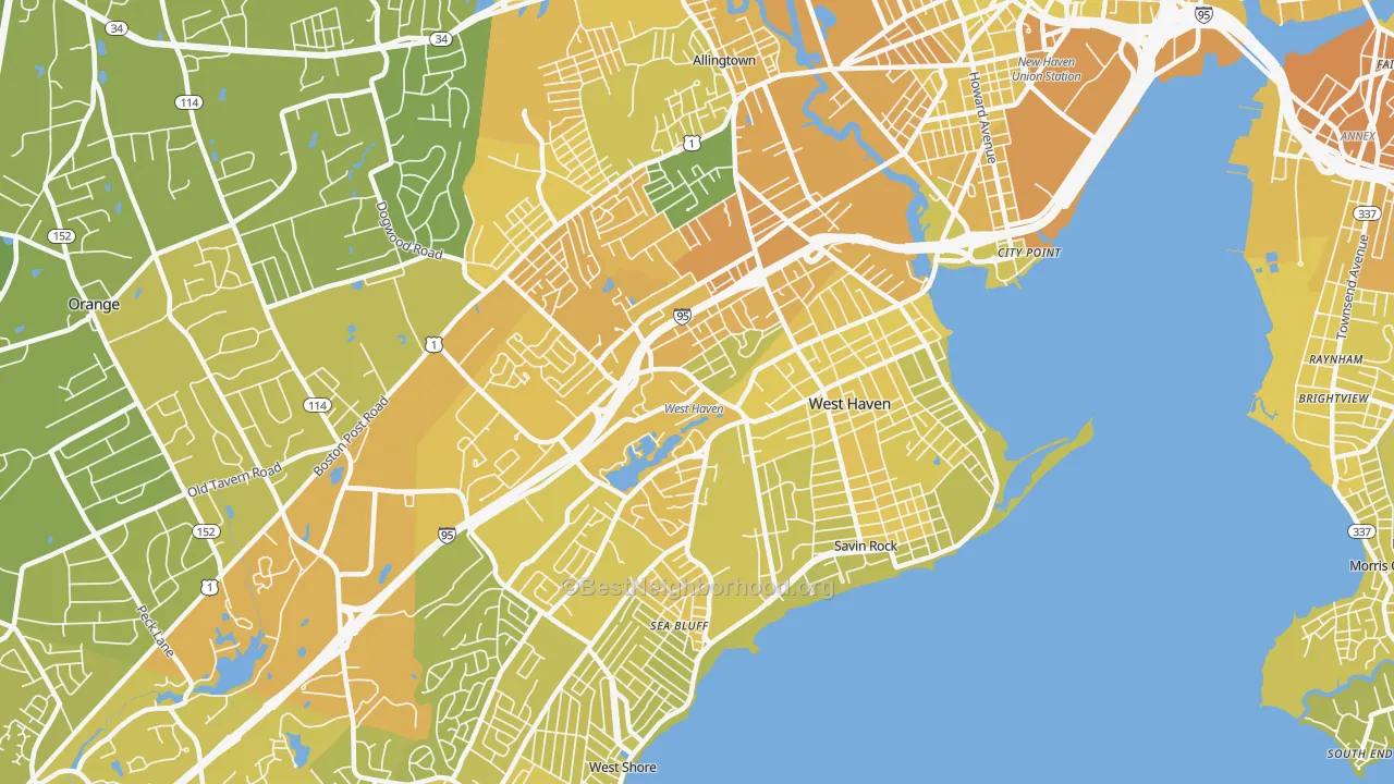 Map of the best neighborhoods in the 06516 area, with better matches in green and worse matches in red