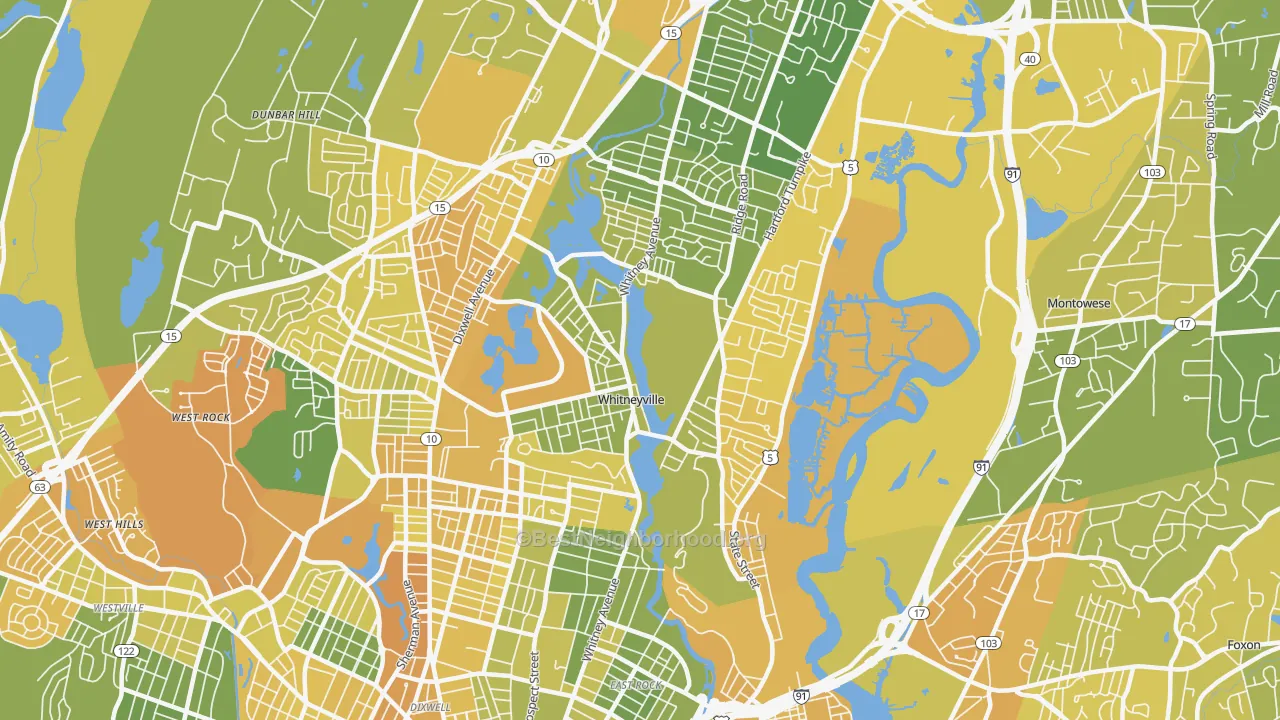 Map of the best neighborhoods in the 06517 area, with better matches in green and worse matches in red