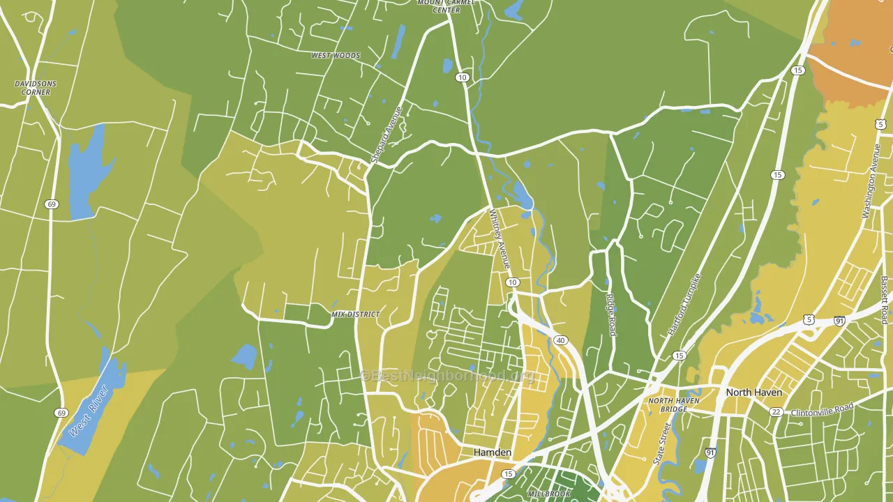Map of the best neighborhoods in the 06518 area, with better matches in green and worse matches in red