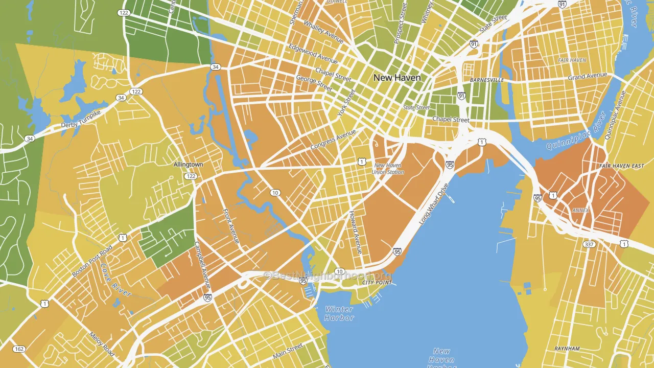 Map of the best neighborhoods in the 06519 area, with better matches in green and worse matches in red