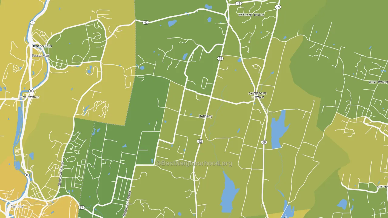 Map of the best neighborhoods in the 06524 area, with better matches in green and worse matches in red