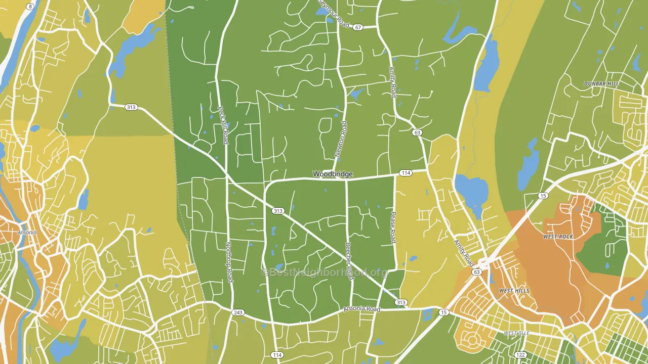 Map of the best neighborhoods in the 06525 area, with better matches in green and worse matches in red