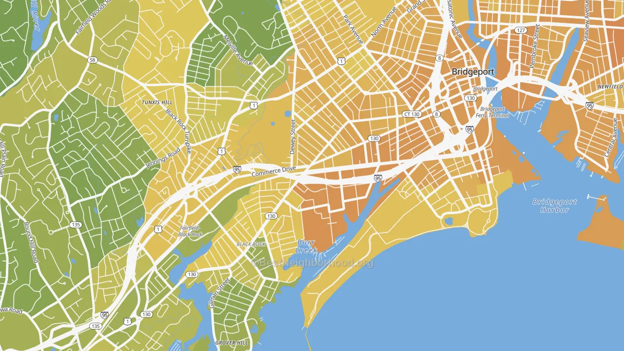 Map of the best neighborhoods in the 06605 area, with better matches in green and worse matches in red