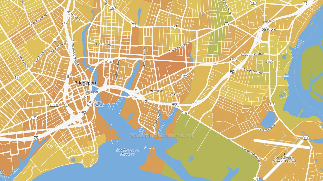 Map of the best neighborhoods in the 06607 area, with better matches in green and worse matches in red