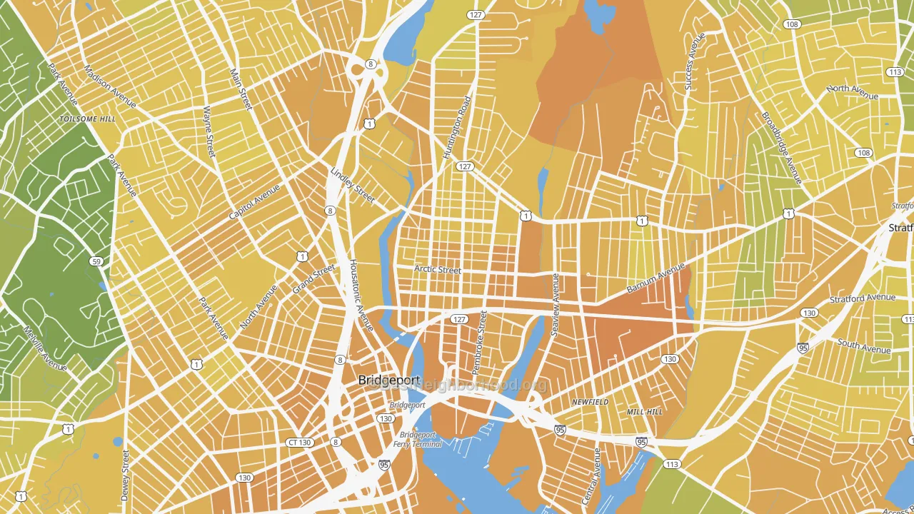 Map of the best neighborhoods in the 06608 area, with better matches in green and worse matches in red