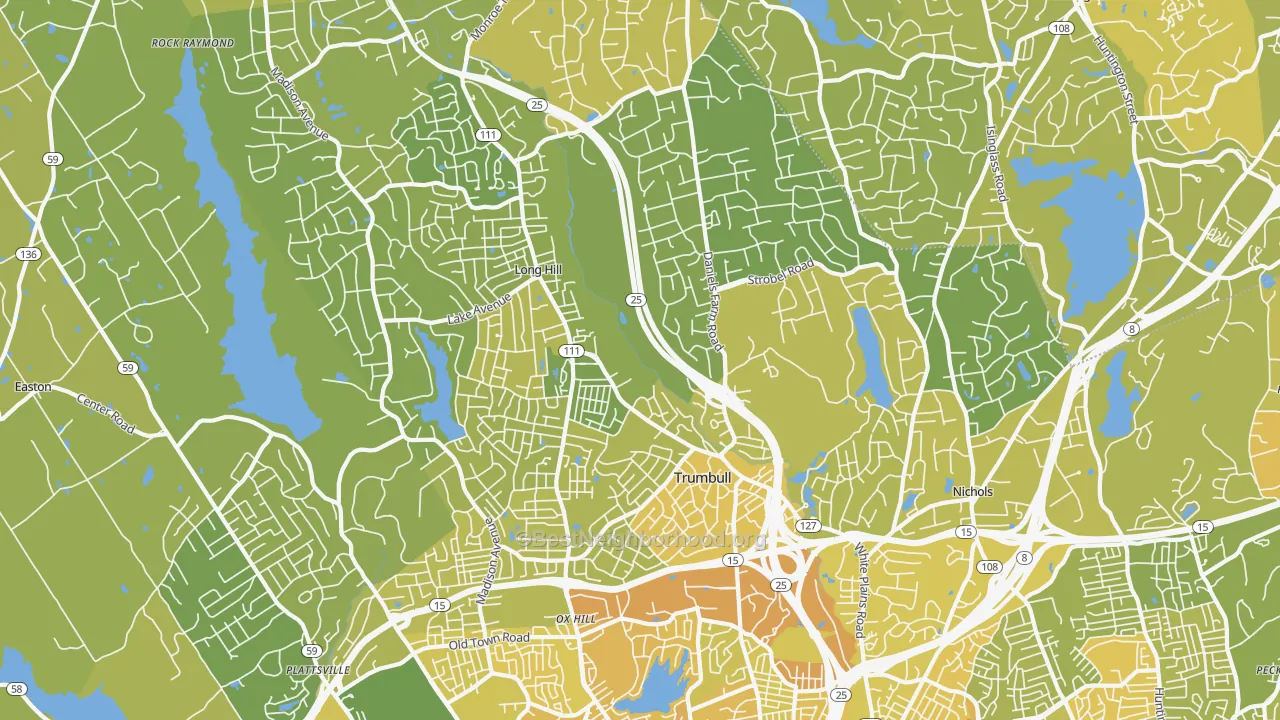 Map of the best neighborhoods in the 06611 area, with better matches in green and worse matches in red