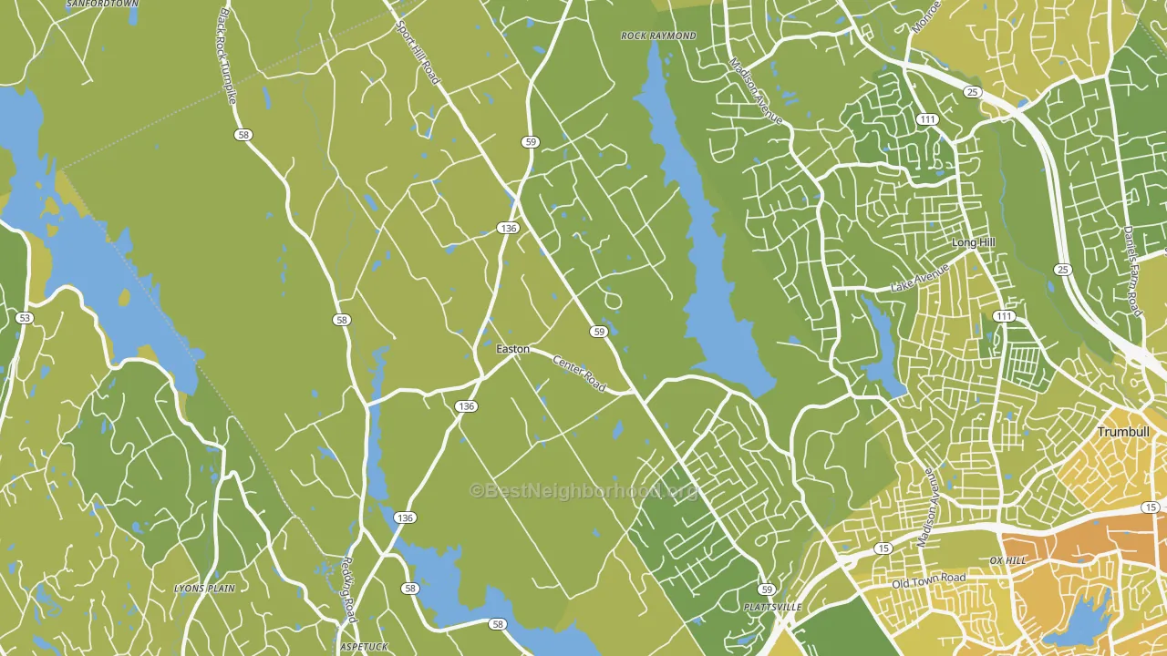 Map of the best neighborhoods in the 06612 area, with better matches in green and worse matches in red