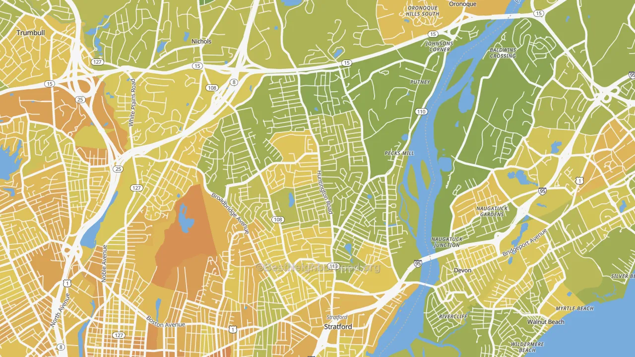 Map of the best neighborhoods in the 06614 area, with better matches in green and worse matches in red