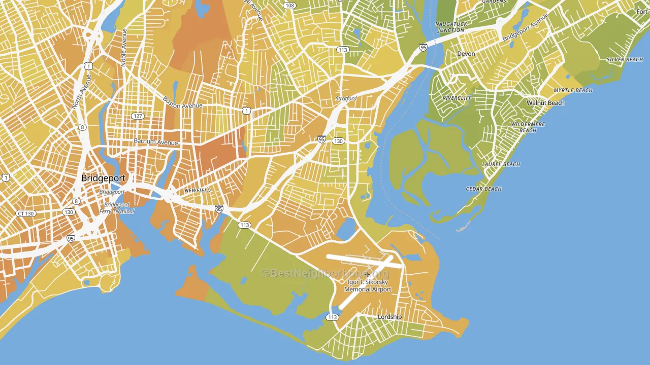 Map of the best neighborhoods in the 06615 area, with better matches in green and worse matches in red
