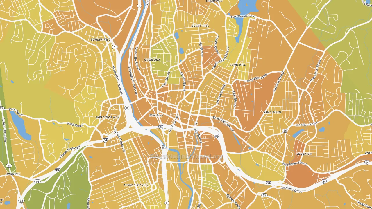 Map of the best neighborhoods in the 06702 area, with better matches in green and worse matches in red