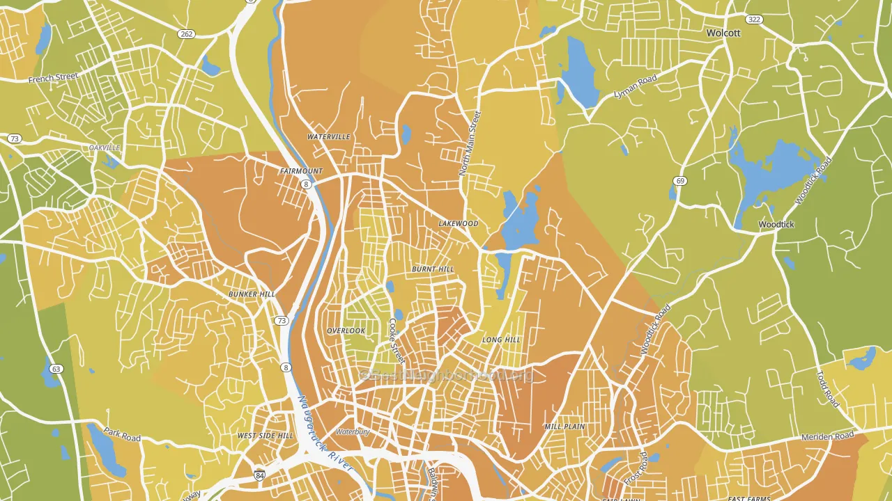 Map of the best neighborhoods in the 06704 area, with better matches in green and worse matches in red