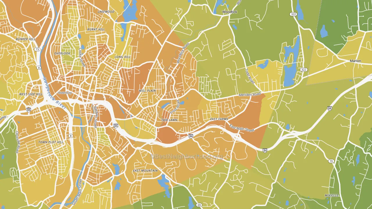 Map of the best neighborhoods in the 06705 area, with better matches in green and worse matches in red