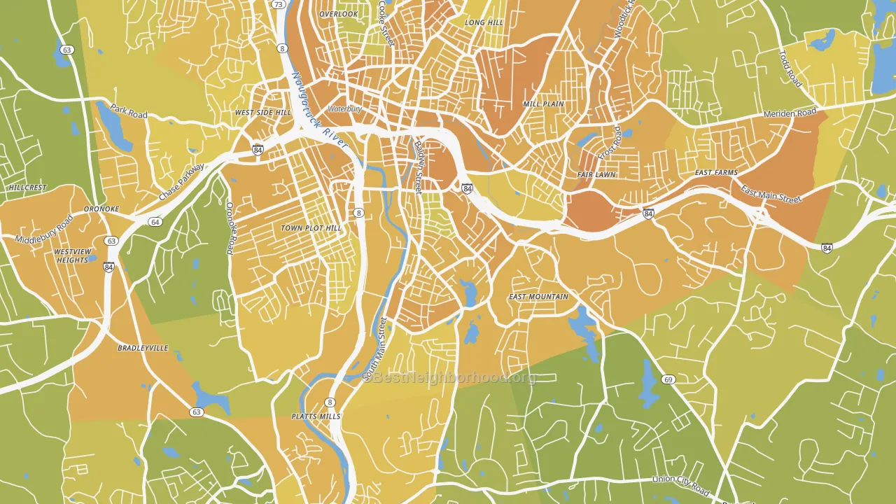 Map of the best neighborhoods in the 06706 area, with better matches in green and worse matches in red