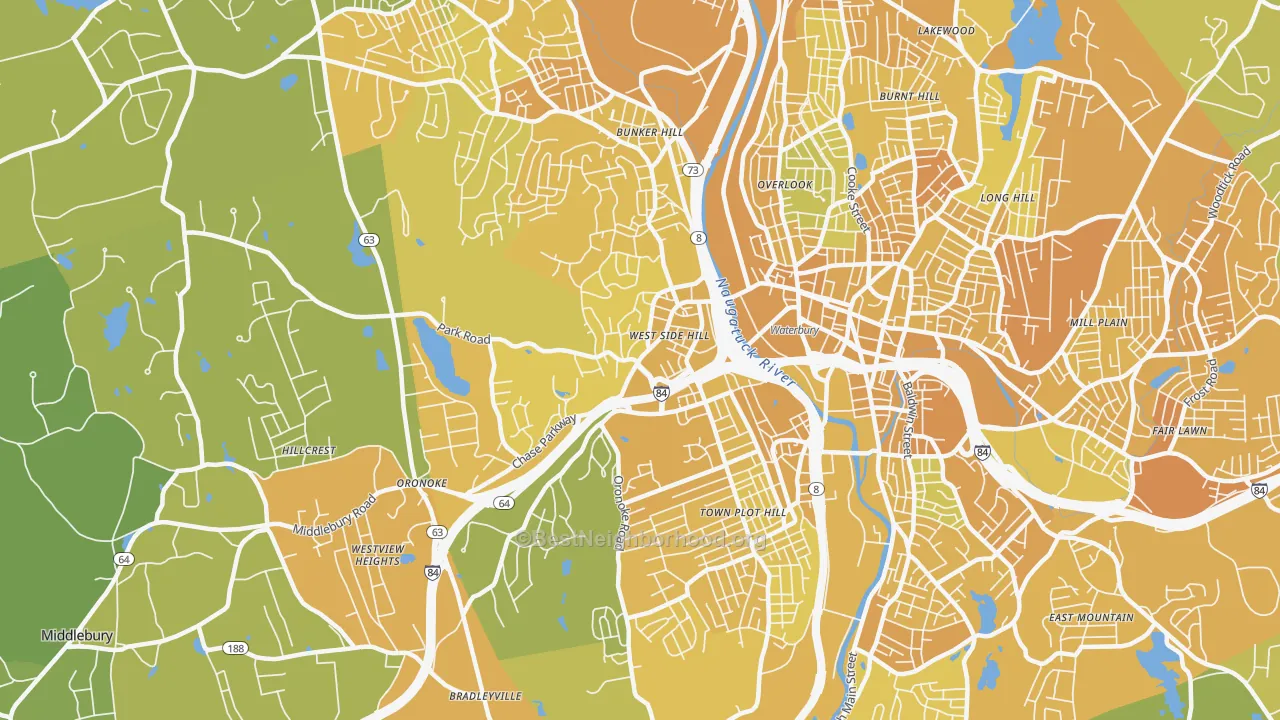 Map of the best neighborhoods in the 06708 area, with better matches in green and worse matches in red