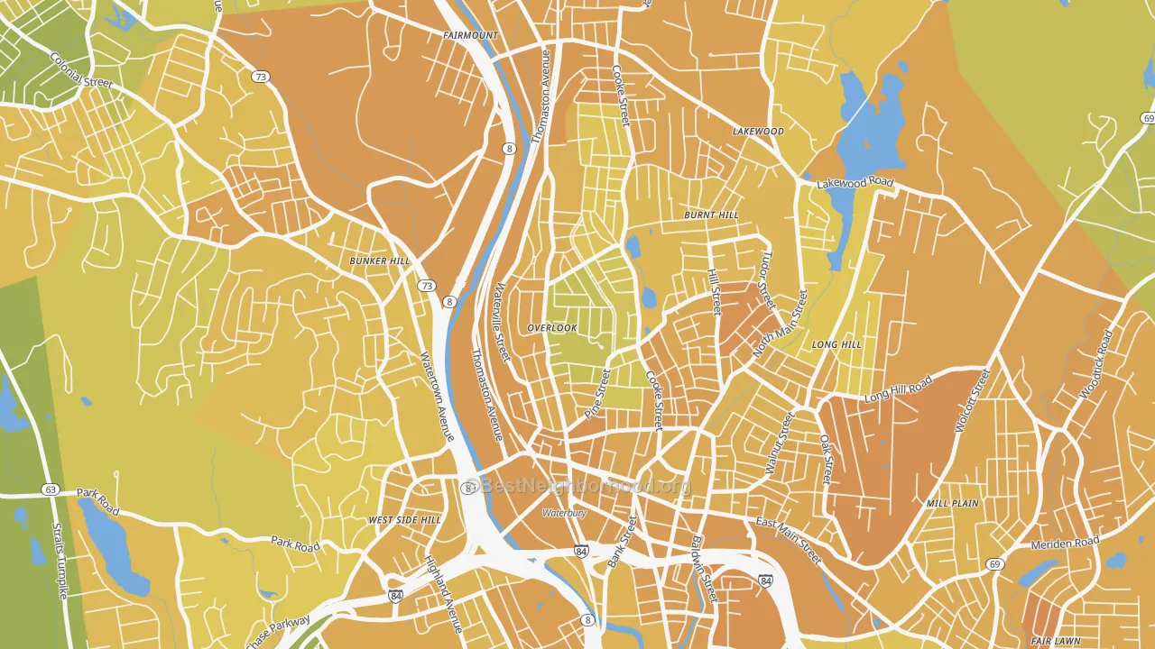 Map of the best neighborhoods in the 06710 area, with better matches in green and worse matches in red