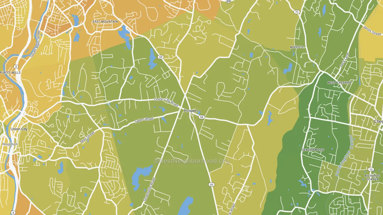 Map of the best neighborhoods in the 06712 area, with better matches in green and worse matches in red