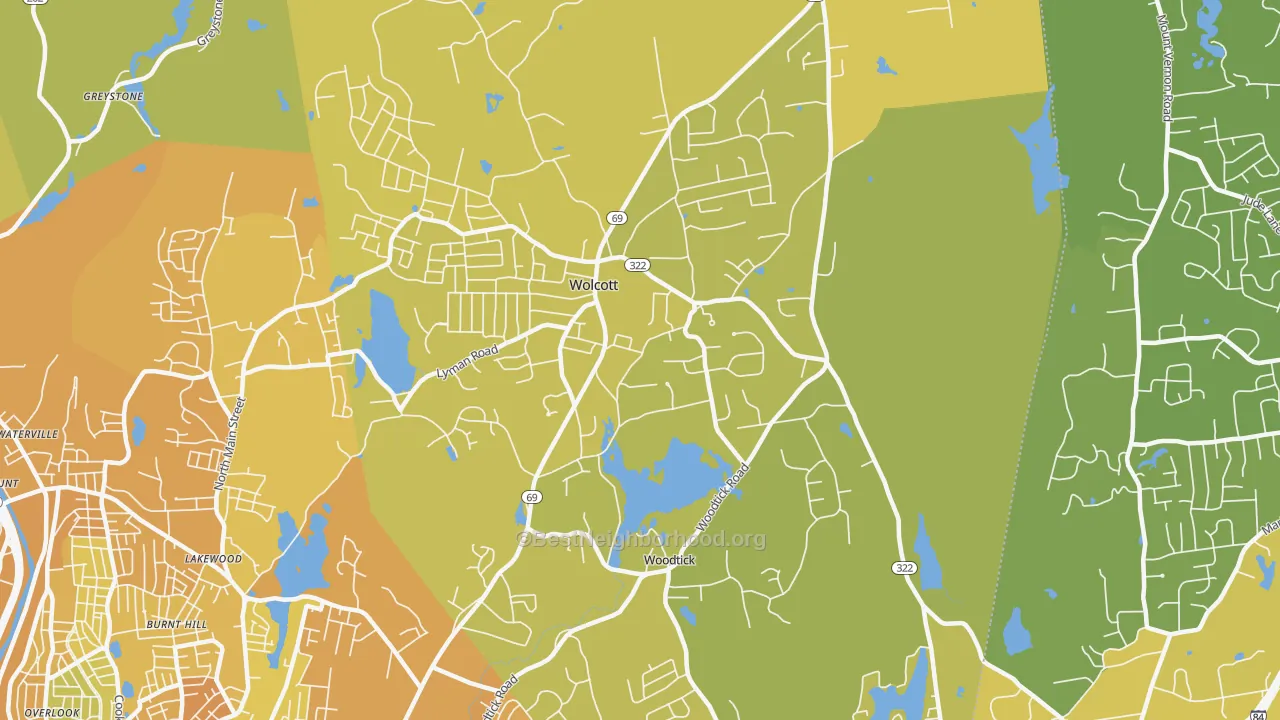 Map of the best neighborhoods in the 06716 area, with better matches in green and worse matches in red