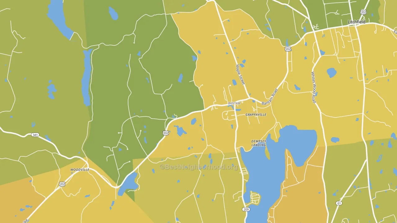 Map of the best neighborhoods in the 06750 area, with better matches in green and worse matches in red