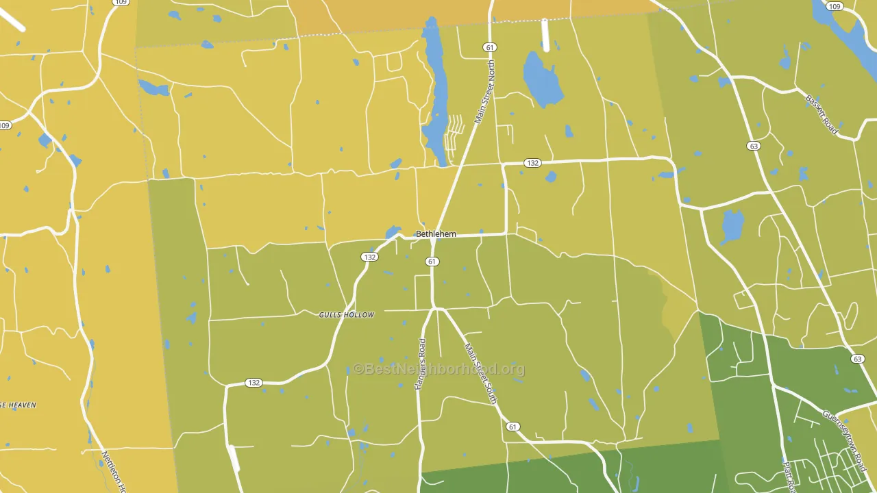 Map of the best neighborhoods in the 06751 area, with better matches in green and worse matches in red