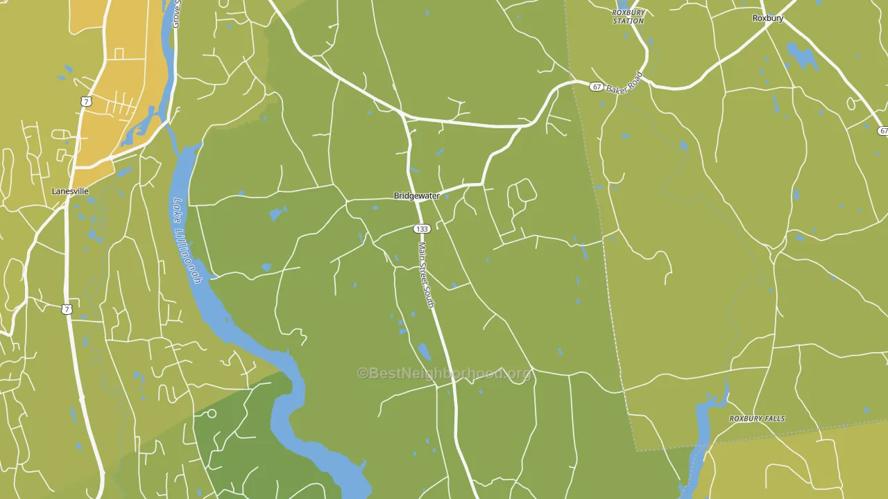 Map of the best neighborhoods in the 06752 area, with better matches in green and worse matches in red