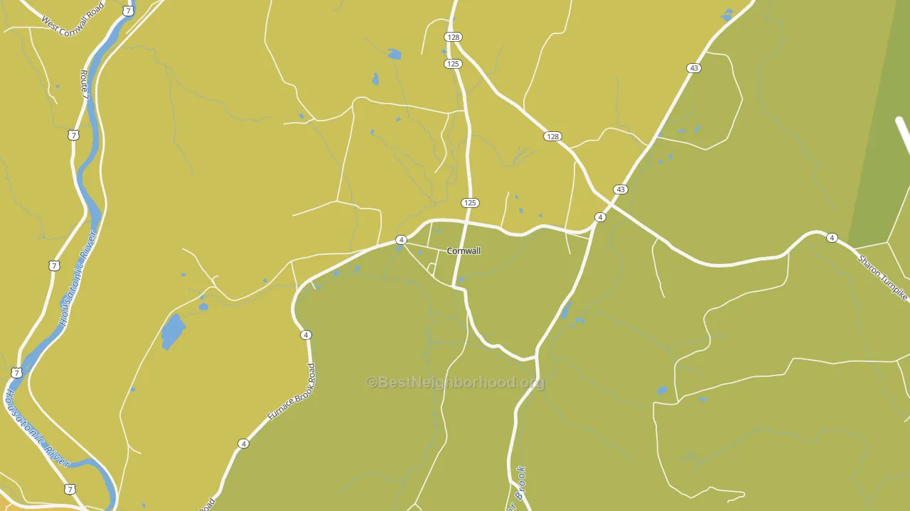 Map of the best neighborhoods in the 06753 area, with better matches in green and worse matches in red