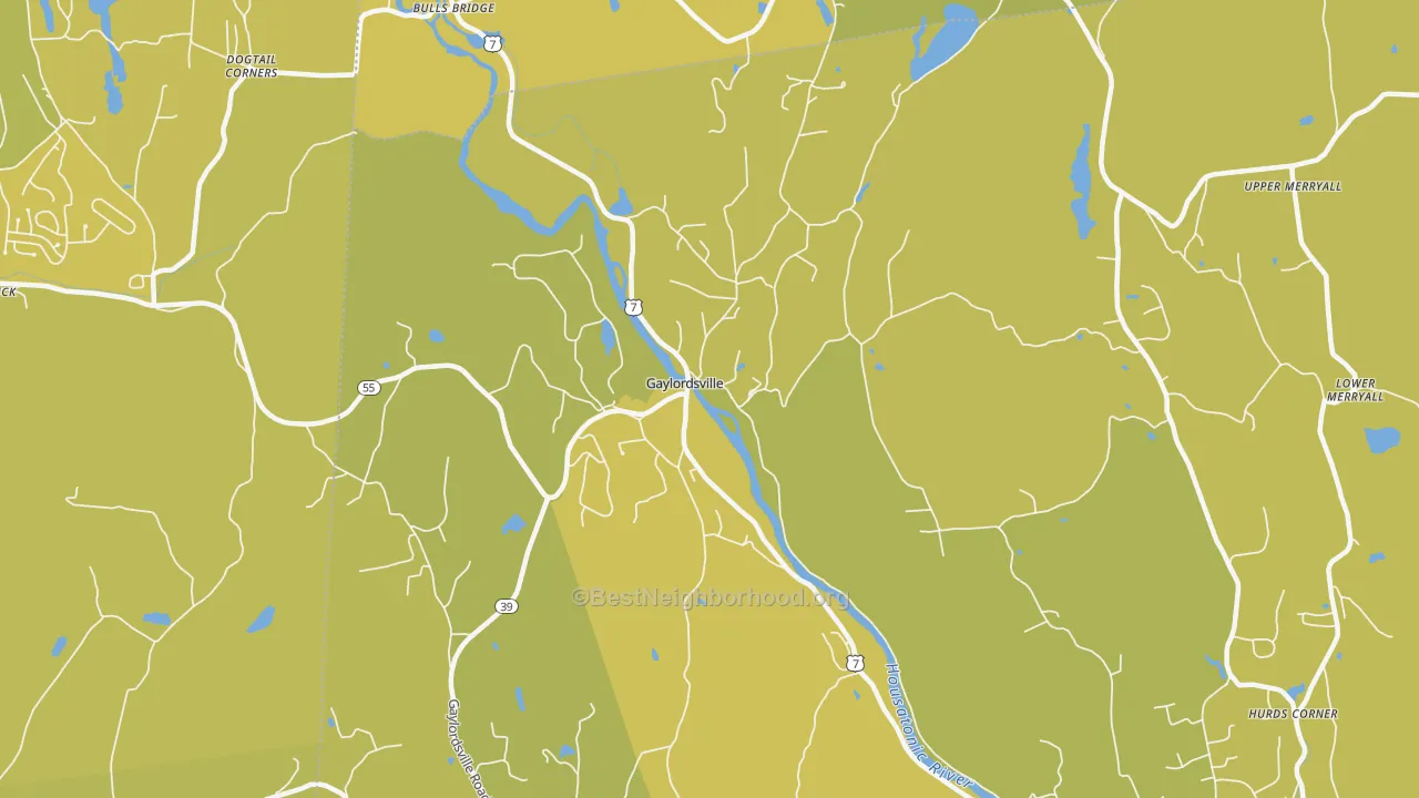 Map of the best neighborhoods in the 06755 area, with better matches in green and worse matches in red
