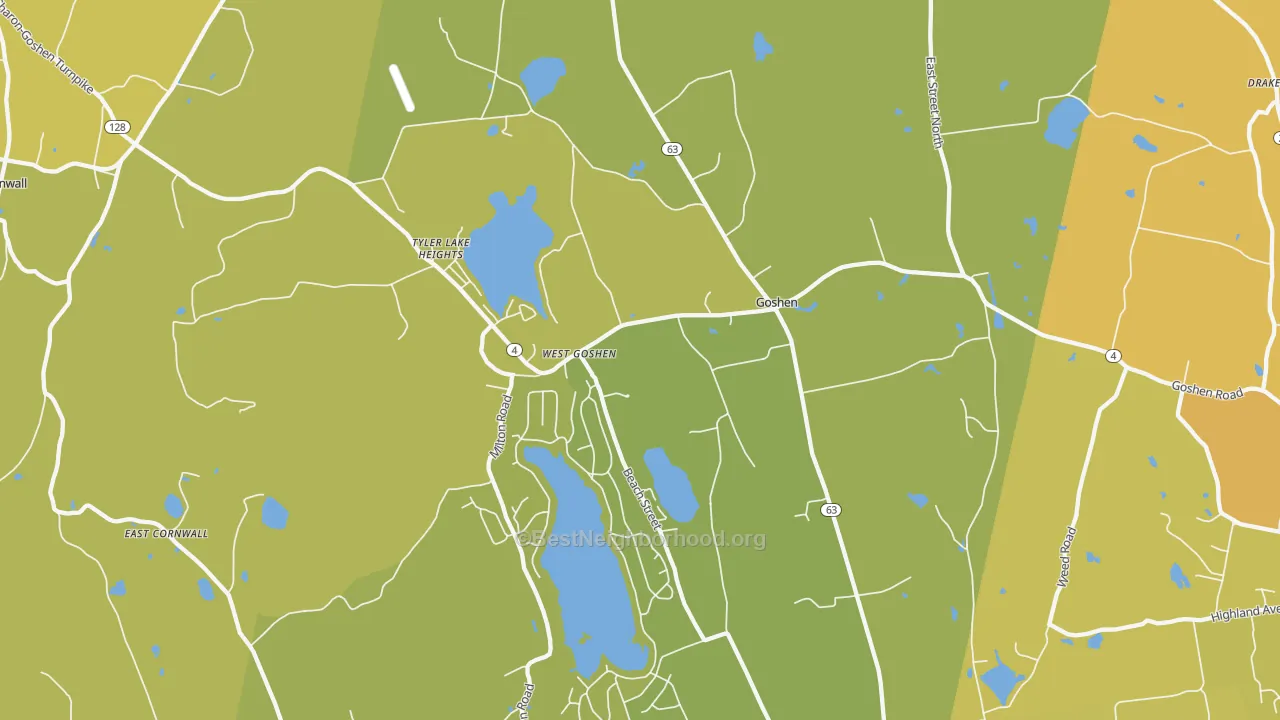Map of the best neighborhoods in the 06756 area, with better matches in green and worse matches in red