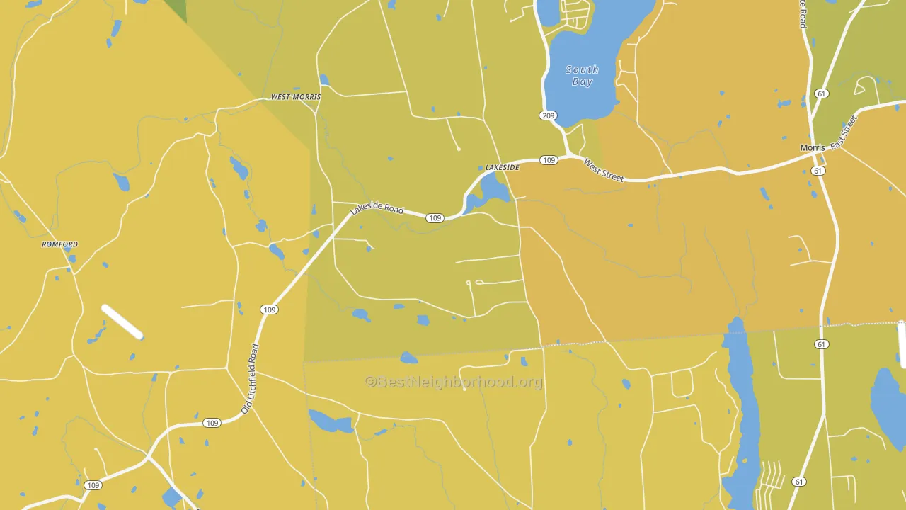 Map of the best neighborhoods in the 06758 area, with better matches in green and worse matches in red
