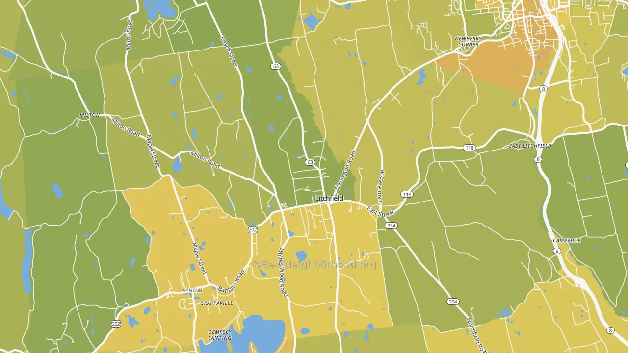 Map of the best neighborhoods in the 06759 area, with better matches in green and worse matches in red
