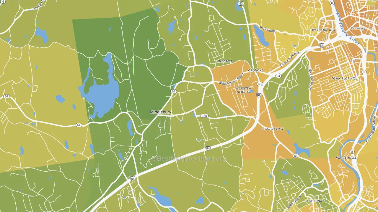 Map of the best neighborhoods in the 06762 area, with better matches in green and worse matches in red