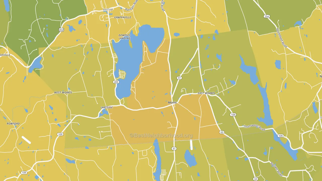 Map of the best neighborhoods in the 06763 area, with better matches in green and worse matches in red