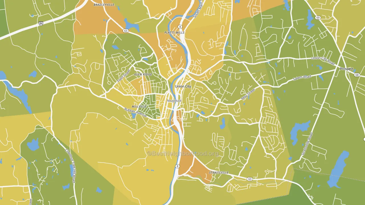 Map of the best neighborhoods in the 06770 area, with better matches in green and worse matches in red