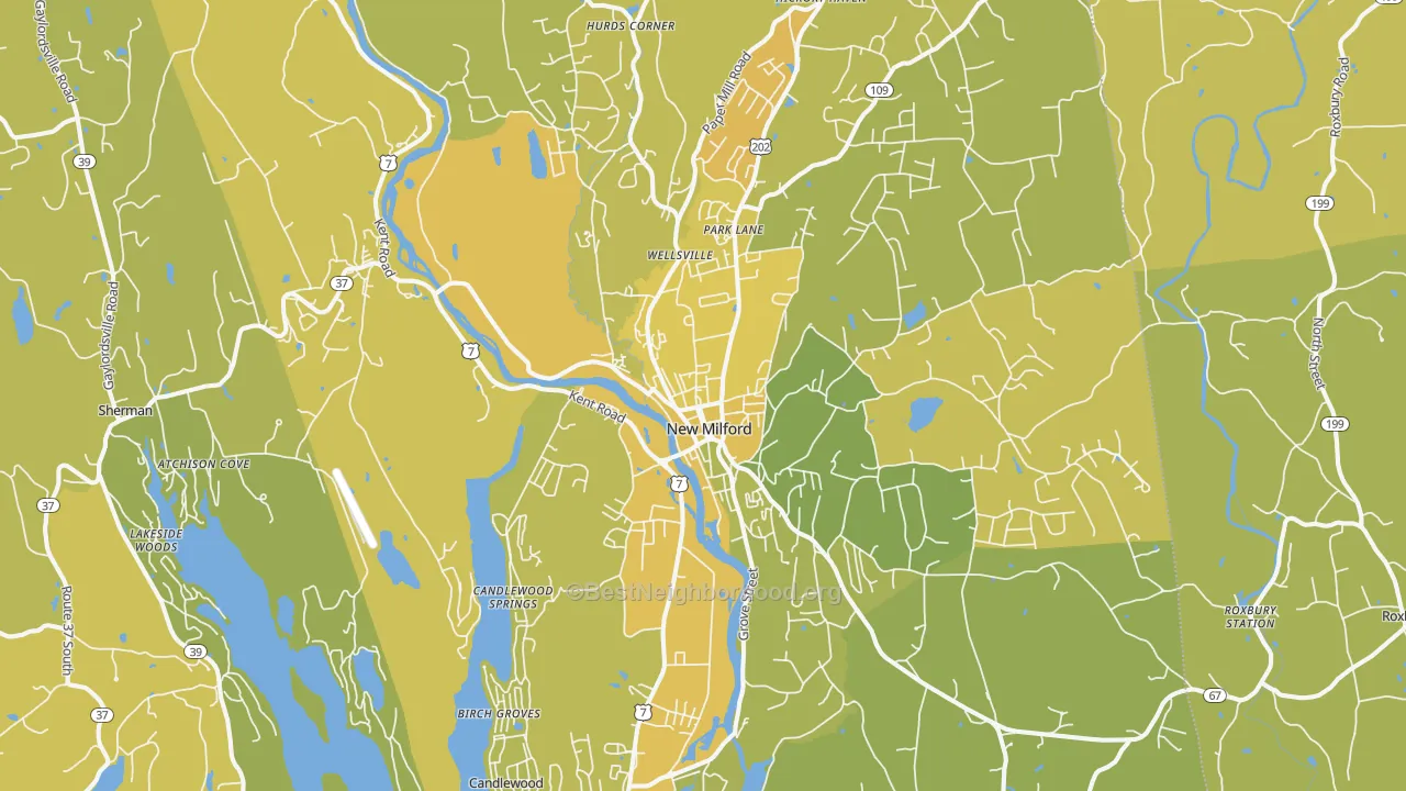 Map of the best neighborhoods in the 06776 area, with better matches in green and worse matches in red