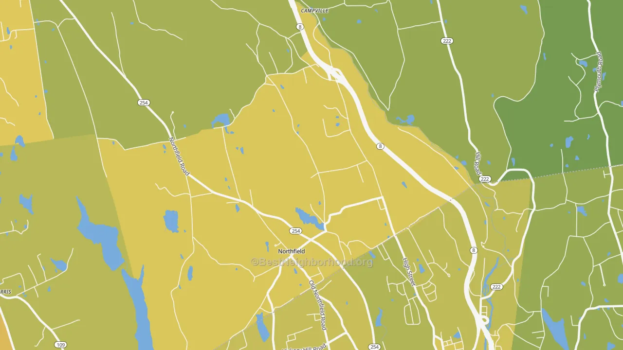 Map of the best neighborhoods in the 06778 area, with better matches in green and worse matches in red