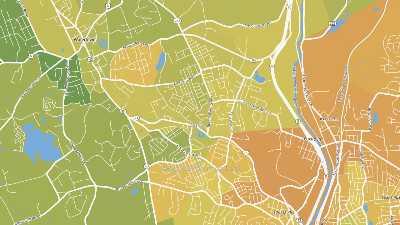 Map of the best neighborhoods in the 06779 area, with better matches in green and worse matches in red