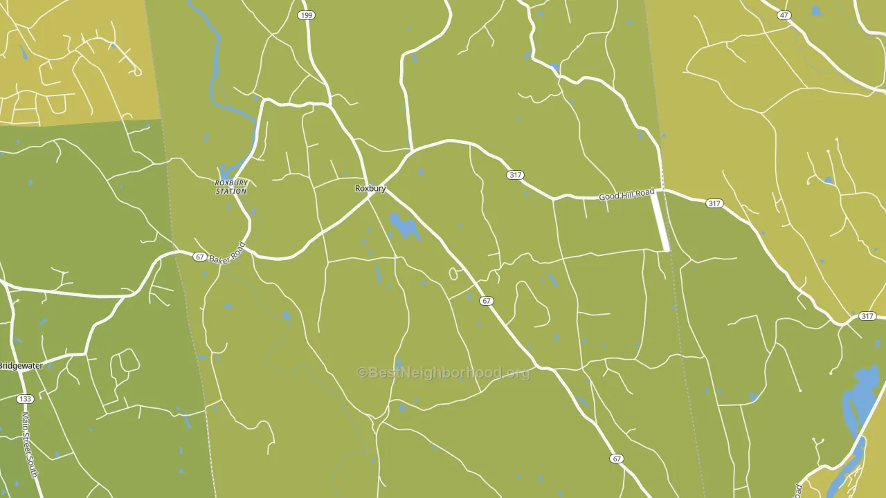 Map of the best neighborhoods in the 06783 area, with better matches in green and worse matches in red