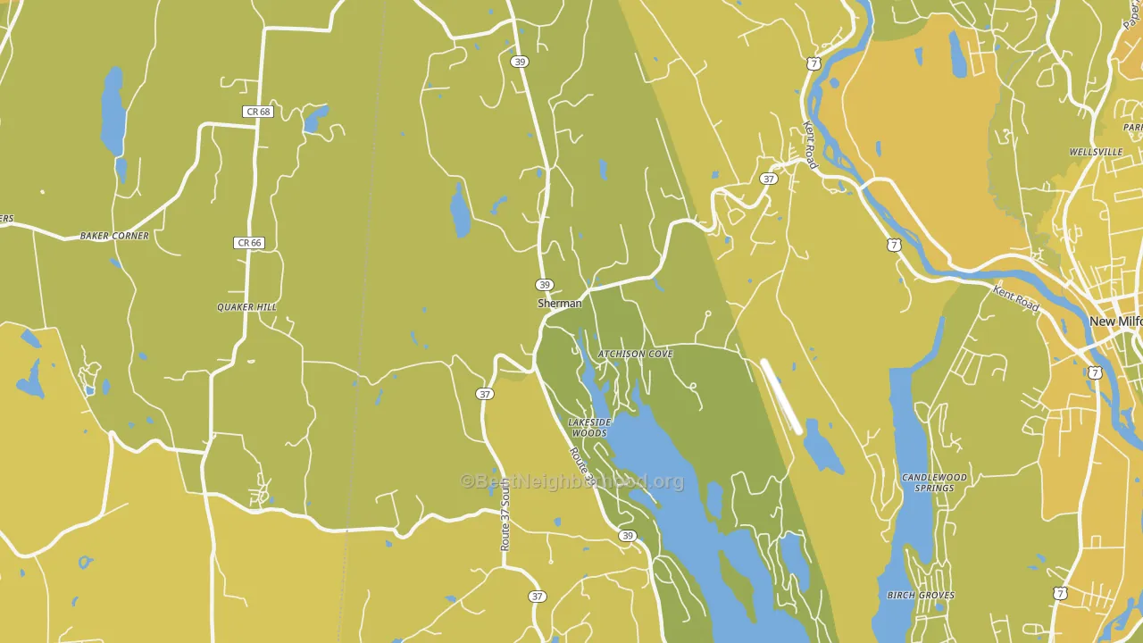 Map of the best neighborhoods in the 06784 area, with better matches in green and worse matches in red