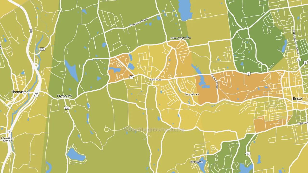 Map of the best neighborhoods in the 06786 area, with better matches in green and worse matches in red