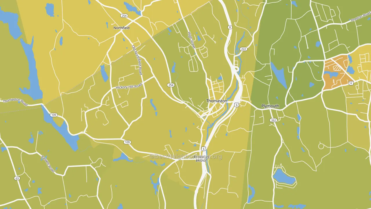 Map of the best neighborhoods in the 06787 area, with better matches in green and worse matches in red