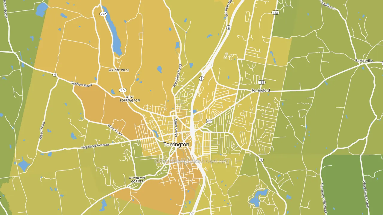 Map of the best neighborhoods in the 06790 area, with better matches in green and worse matches in red