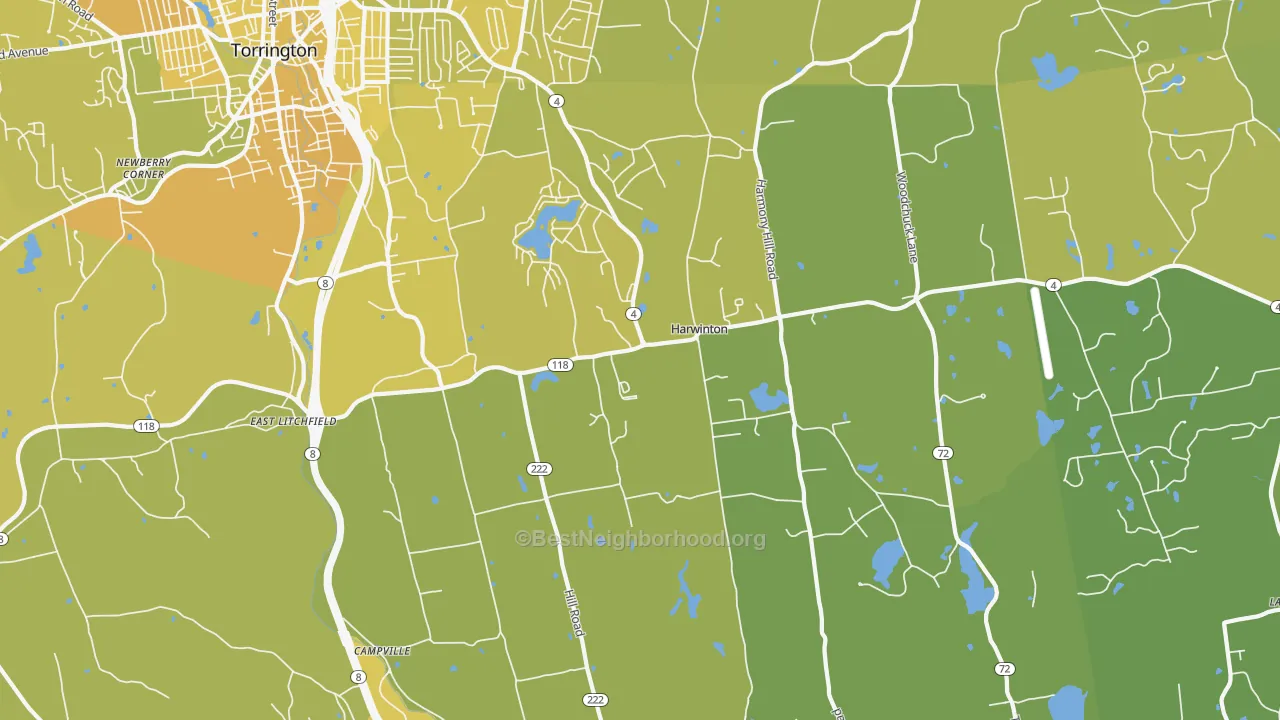 Map of the best neighborhoods in the 06791 area, with better matches in green and worse matches in red