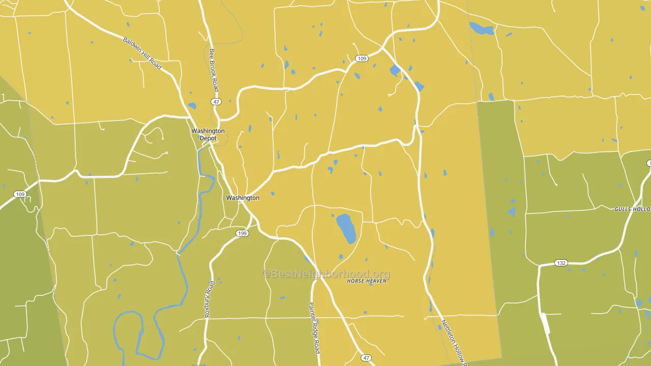 Map of the best neighborhoods in the 06793 area, with better matches in green and worse matches in red