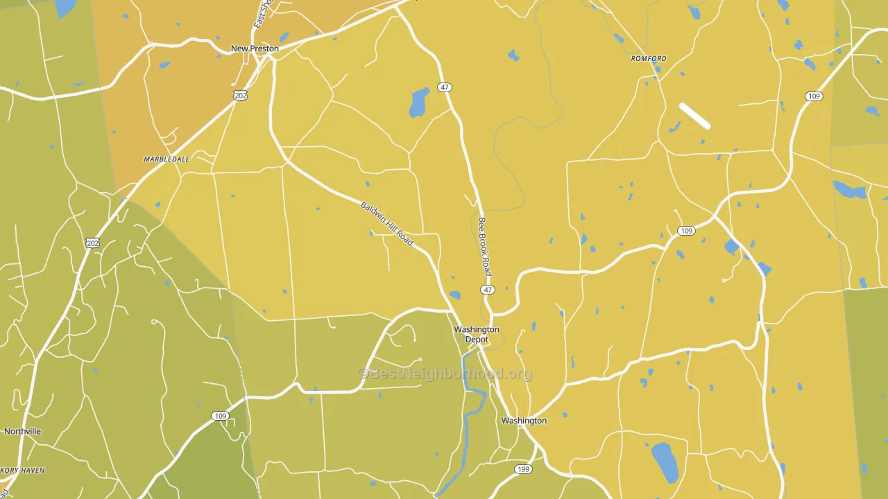Map of the best neighborhoods in the 06794 area, with better matches in green and worse matches in red
