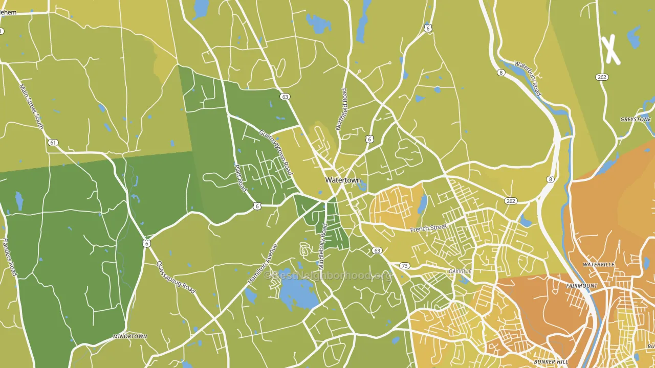 Map of the best neighborhoods in the 06795 area, with better matches in green and worse matches in red