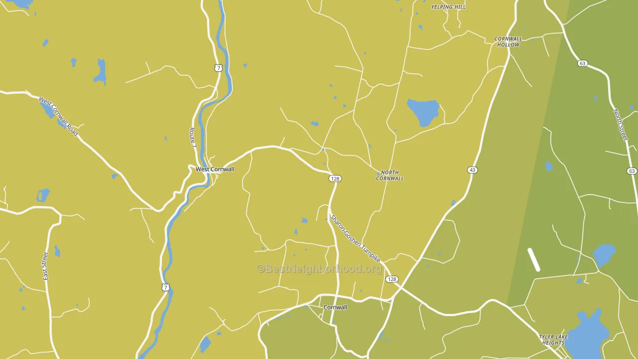 Map of the best neighborhoods in the 06796 area, with better matches in green and worse matches in red