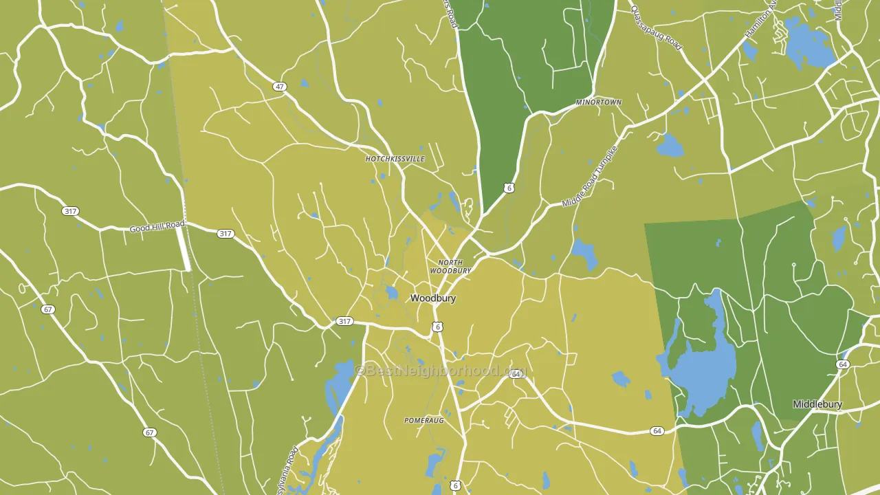 Map of the best neighborhoods in the 06798 area, with better matches in green and worse matches in red