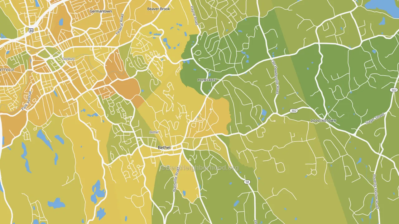 Map of the best neighborhoods in the 06801 area, with better matches in green and worse matches in red